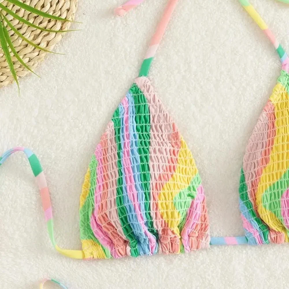 Colorful Striped Triangle Halter Neck Drawstring Two Piece Bikini Sets Swimsuit